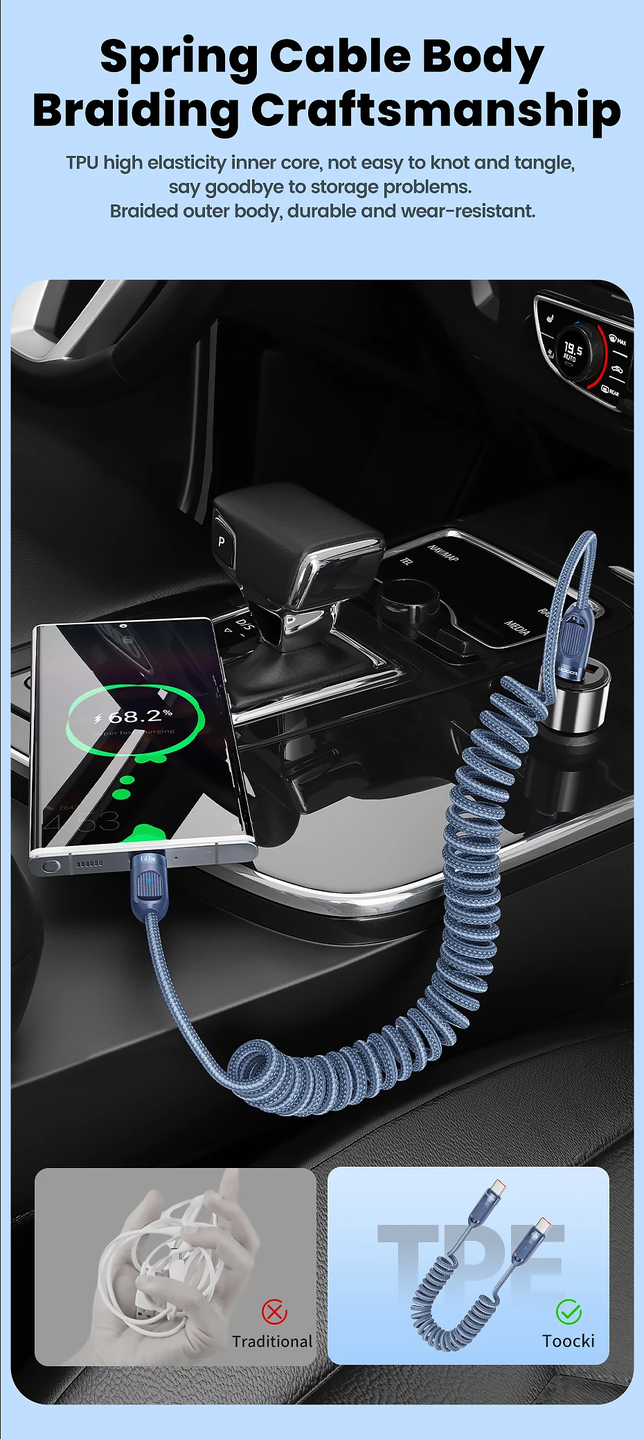 Toocki Auto-Federkabel Typ C für iPhone 17 16 15 Xiaomi Samsung 60W PD Schnellladung für Macbook iPad Typ C zu Typ C Kabel – Detail 6