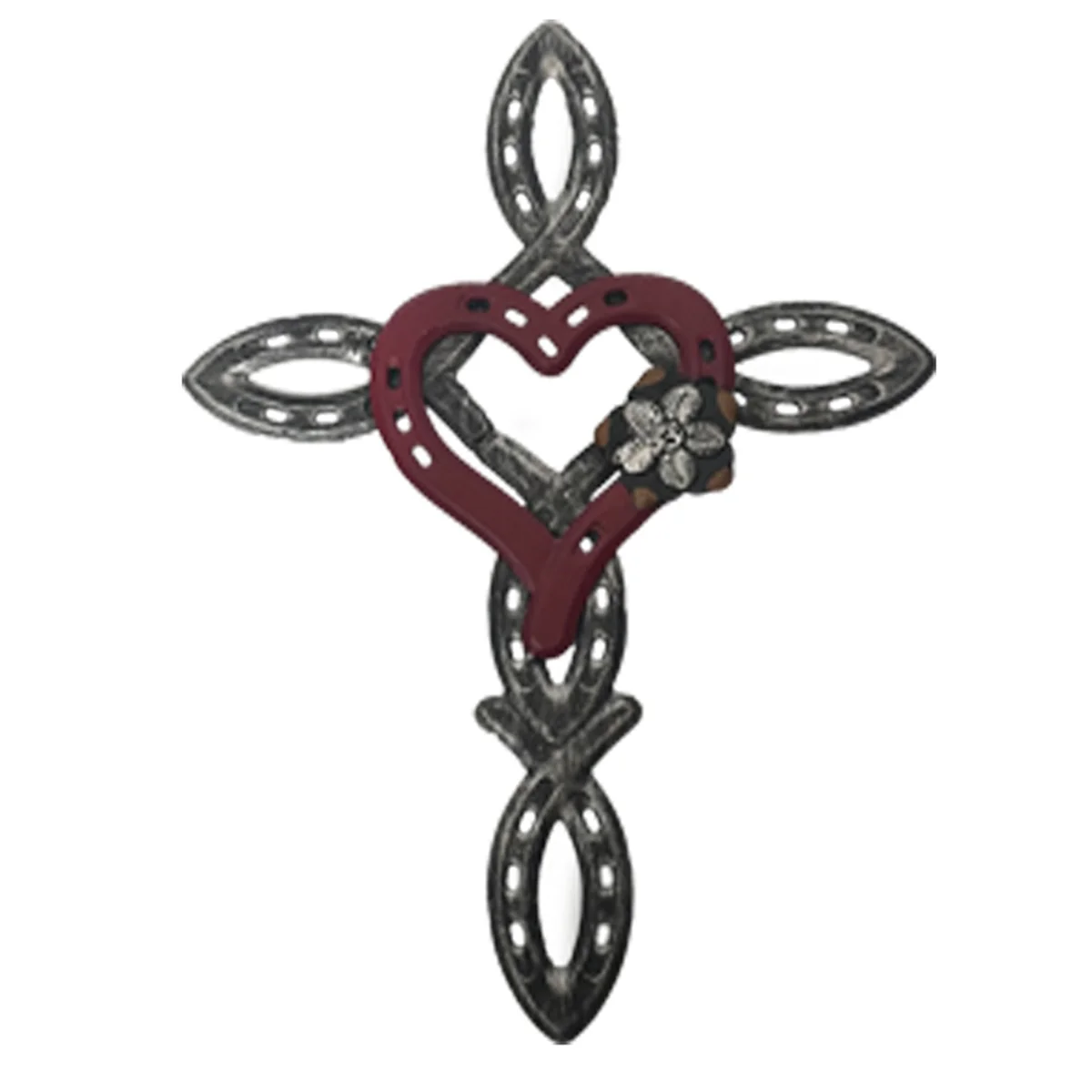 Natural Horseshoe Cross with Heart, Metal CAU30t Cross Horseshoe Heart Decor, Rustic Metal Cross Sign Spiritual Red