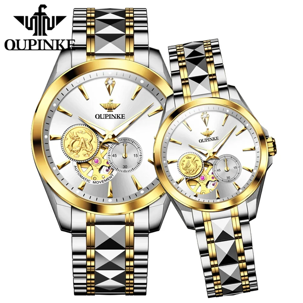 

OUPINKE 3260 Real Diamond Mechanical Couple Watch For Men Women Luxury Original Dress Wristwatch Swiss Brand Waterproof Watches