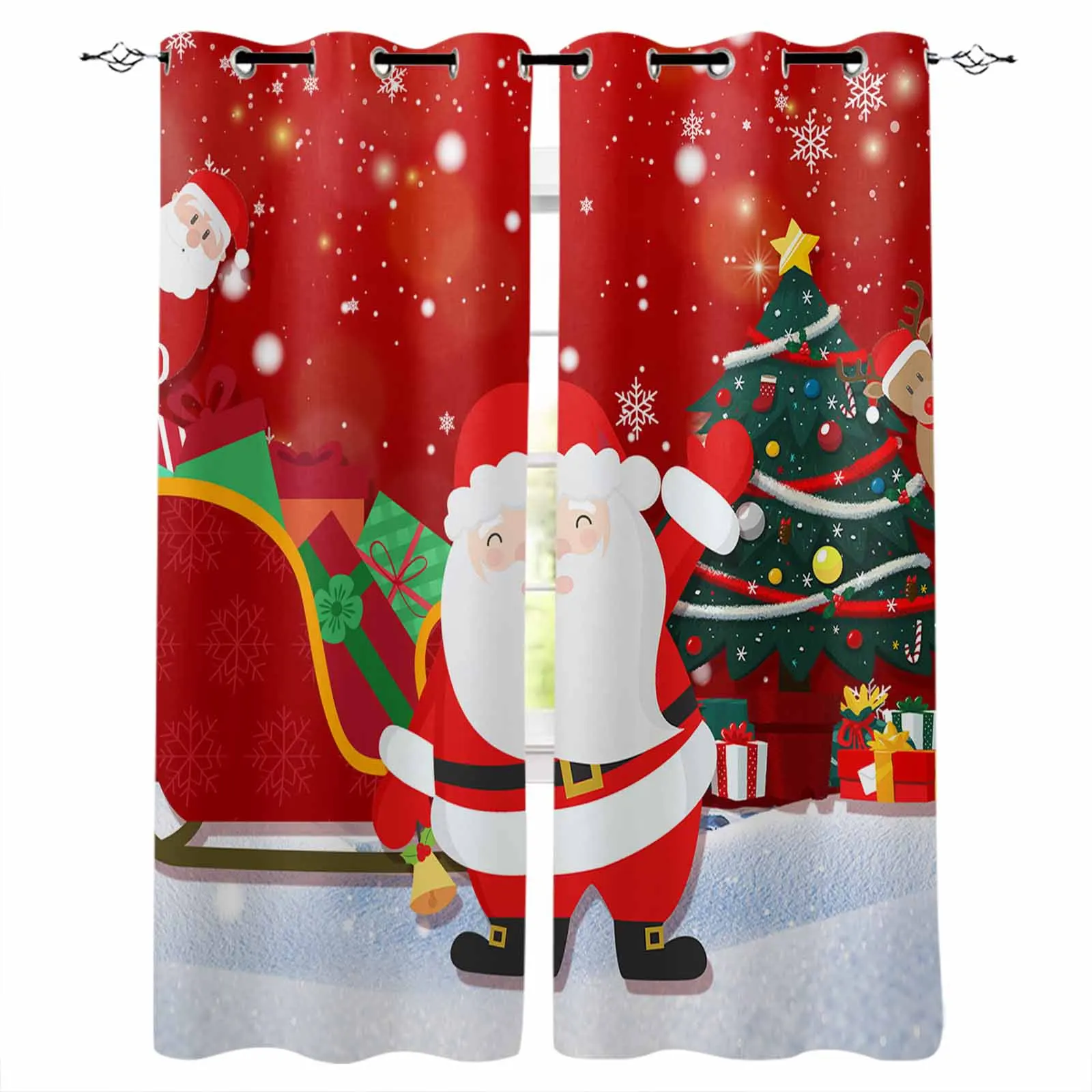 Christmas Red Santa Claus Gift Tree Window Curtain Made Finished Drapes Home Decor Kids Room Window Treatments Curtains