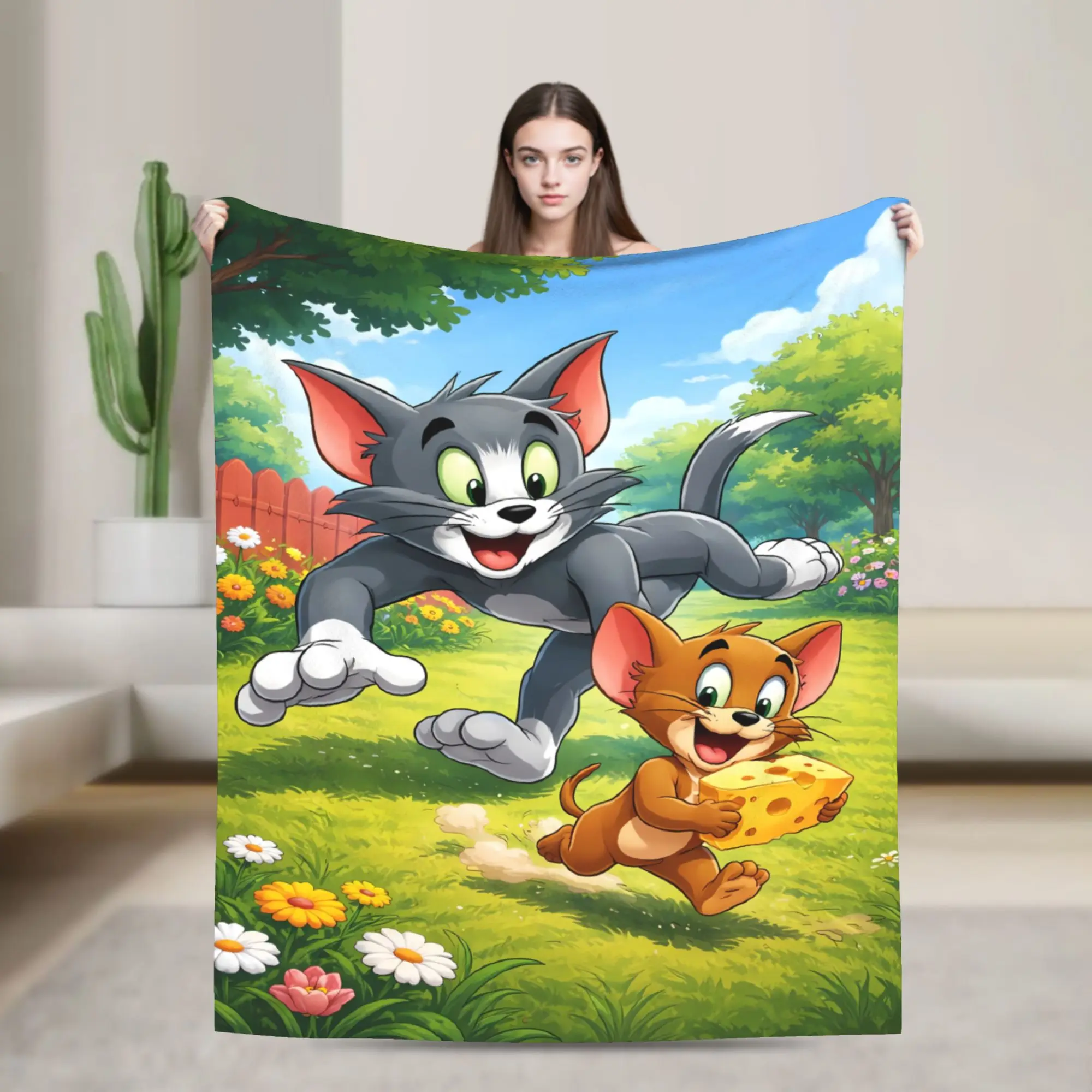 Warm Soft Blankets Decorative Tom Jerry Grass Anime Throw Blanket  Flannel Bedspread For Couch Chair Sofa Bed Sofa Bed Cover