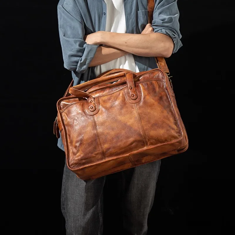 Borse da lavoro casual fatte a mano in pelle di vacchetta da uomo Valigette in vera pelle Borsa per computer a tracolla con tracolla orizzontale