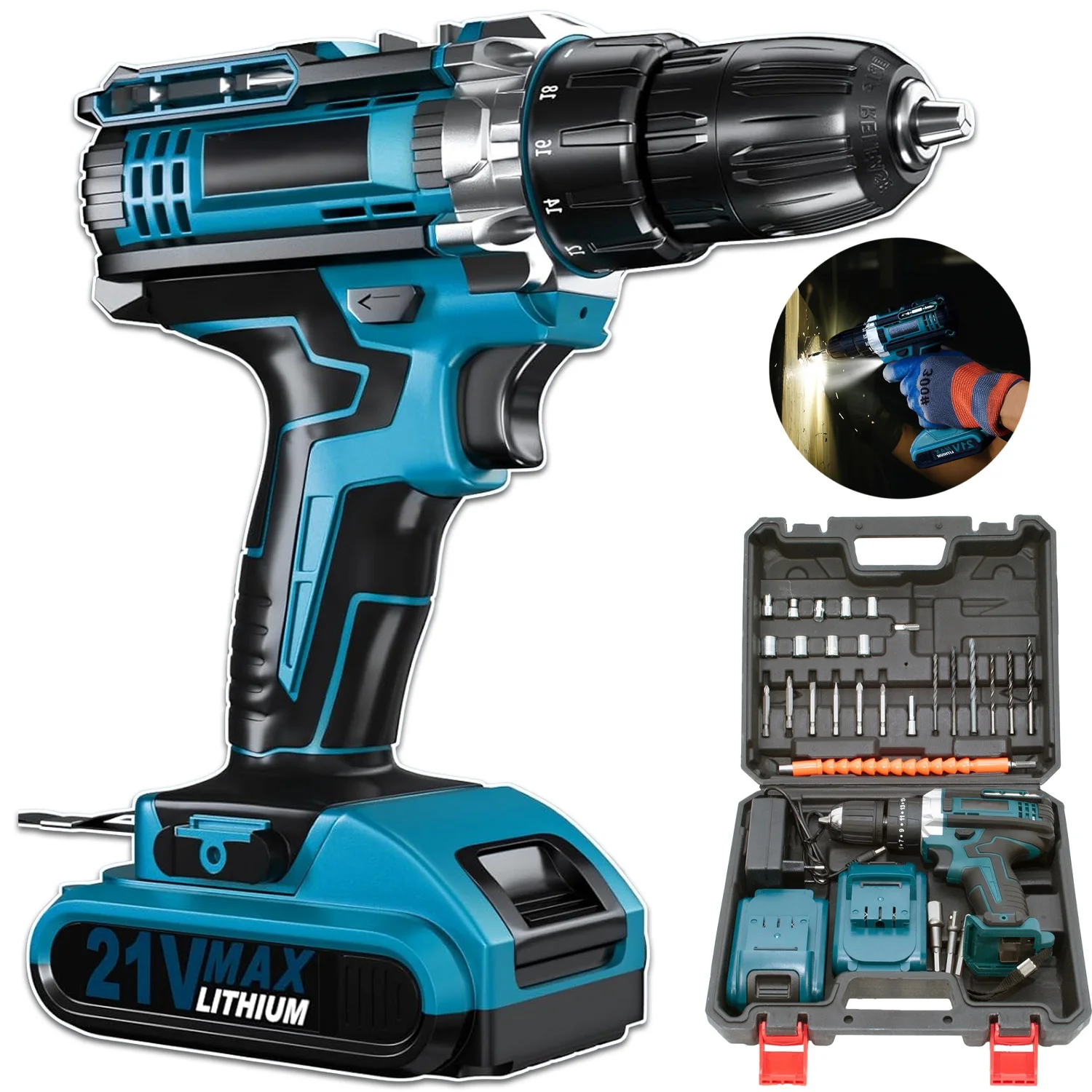 Perceuse à percussion sans fil 21V avec lumière LED – 0-350/0-1300 tr/min 25+1 rapports de couple – 2 batteries au lithium + 1500mAh – Comprend 33 accessoires – Outil électrique pour bricolage à domicile