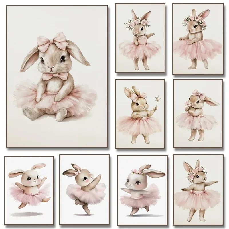Pósteres e impresiones de animales de Ballet de conejito de bailarina bonita, lienzo impreso, imagen artística de pared para decoración del hogar para habitación de niñas y guardería