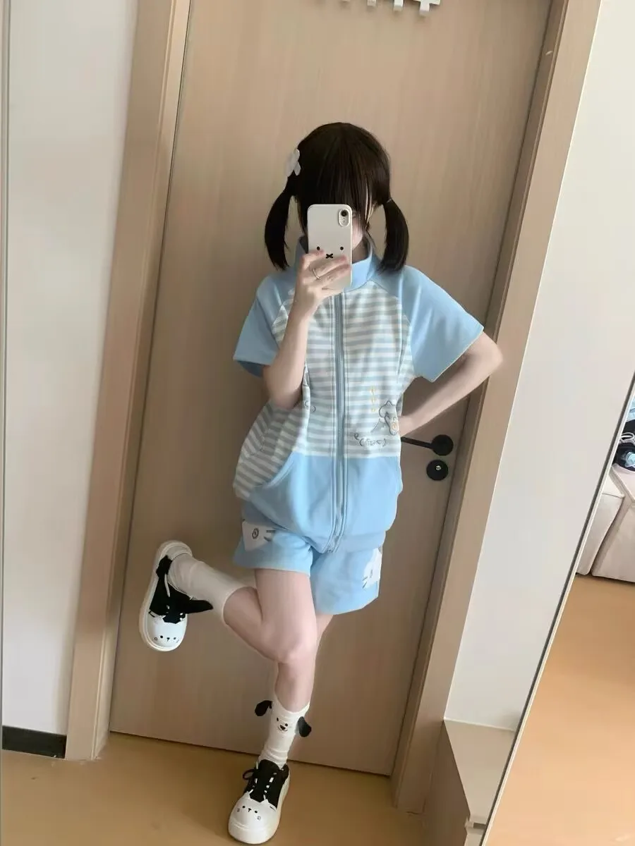 

Summer ort Pants Women's Wide Leg Embroidery Cute Sle Casual Sport Suit Soft Sister Five-Quarter Zipper Fastening