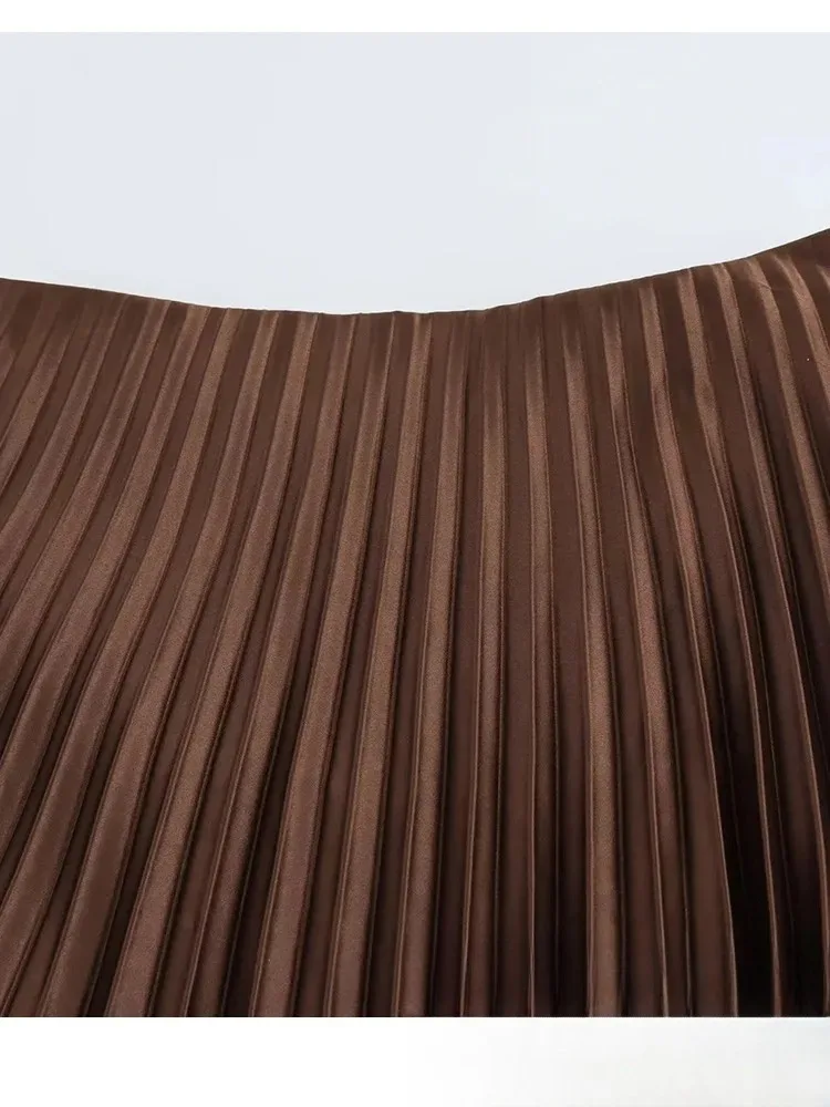 KONDALA ヴィンテージカジュアルプリーツロングスカート女性ハイウエストプリーツロングサテンスカートファッション 2025 春夏エレガントスカート