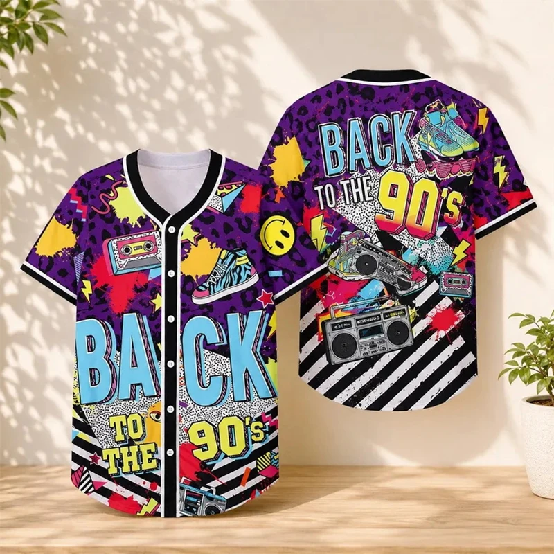 Vintage 90s Hip Hop Baseball Jersey Colorful Graffiti Print Short Sleeve Uniform Outdoor Gatherings Retro Themed Events Shirts