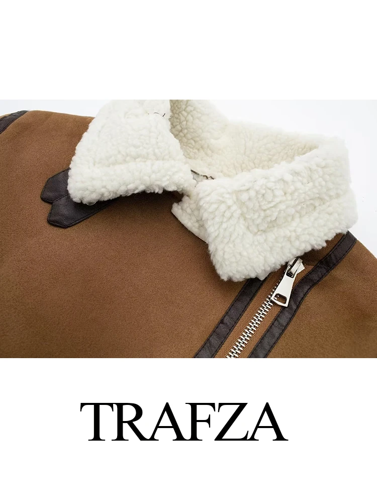 Trafza feminino inverno moda turn down collar pele de cordeiro tudo-em-um casaco bomber feminino bolso com zíper alta rua quente jaqueta curta