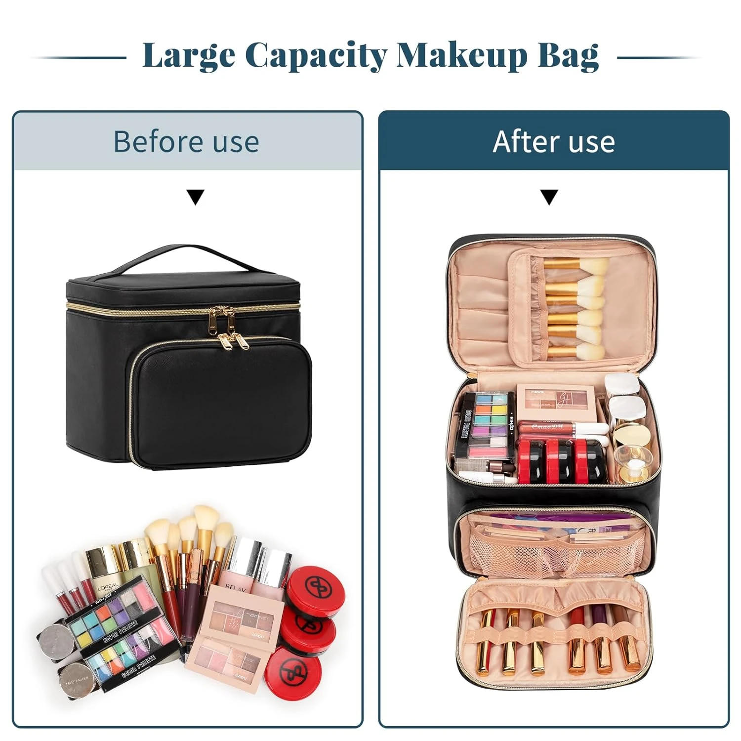 

Chic and practical high-quality makeup bag for easy travel access. Durable material protects all makeup essentials. Stay organiz