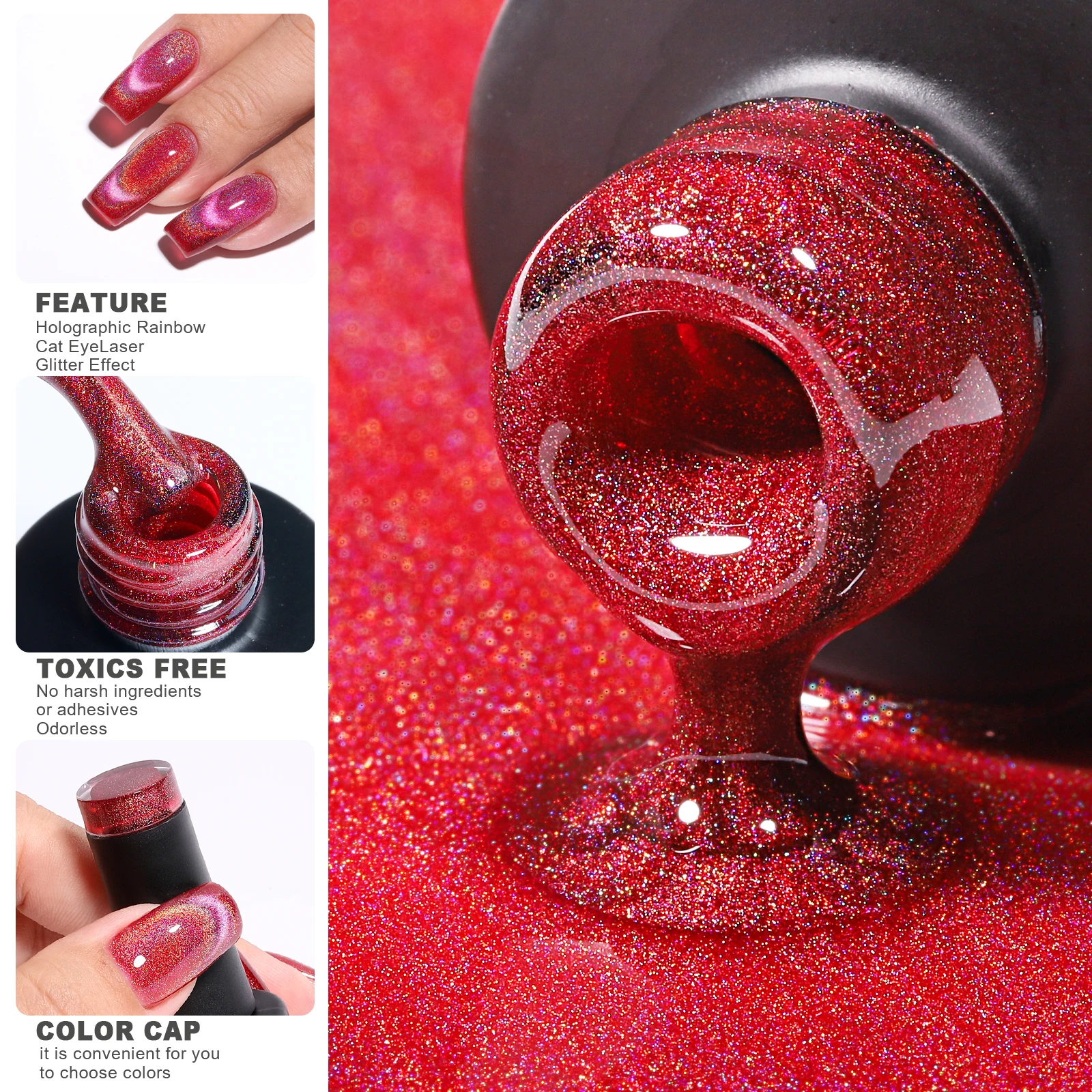 YOKEFELLOW Rainbow Cat Eye Gel Polish 10ml Red Magnetic Holographic Sparkle 9D Cat Eye Magnetic Gel Semi permanent Gel Varnishes