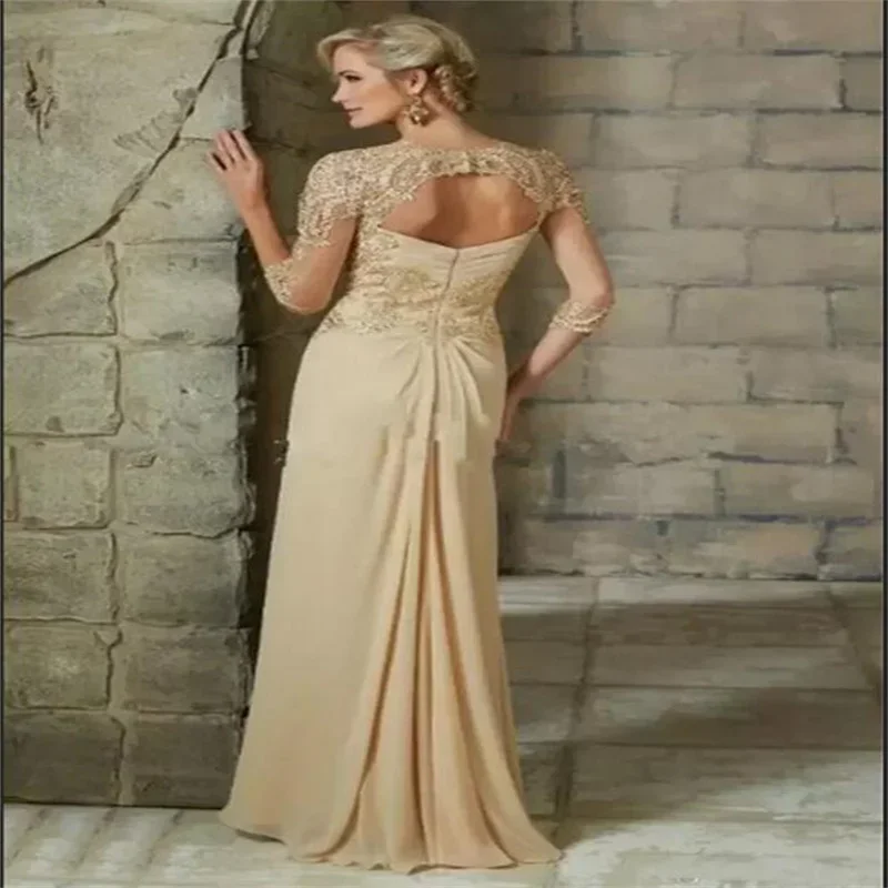 Elegant Champagne Chiffon Mother of the Bride Dresses Lace Appliques Formal Evening Gowns Custom Made Guest Prom Dress