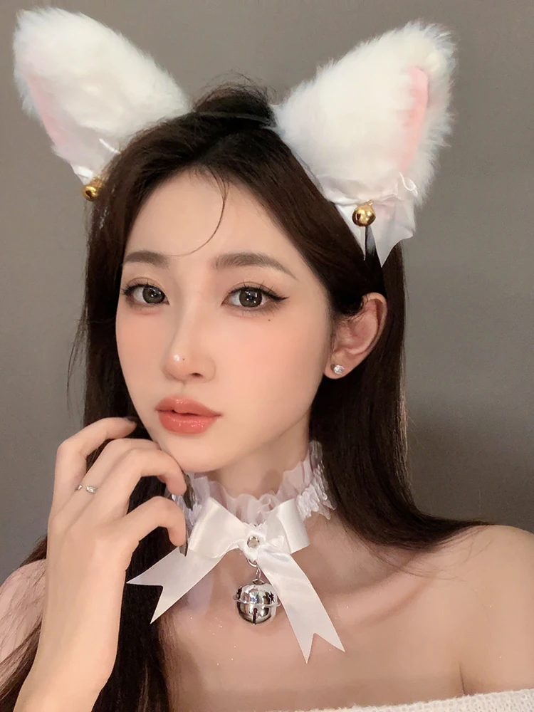 1 Set Women Girls Sexy Cat Ears Headband Lace Bow Necklace Plush Bell Hairband Cosplay Masquerade Party Costume Hair Accessories