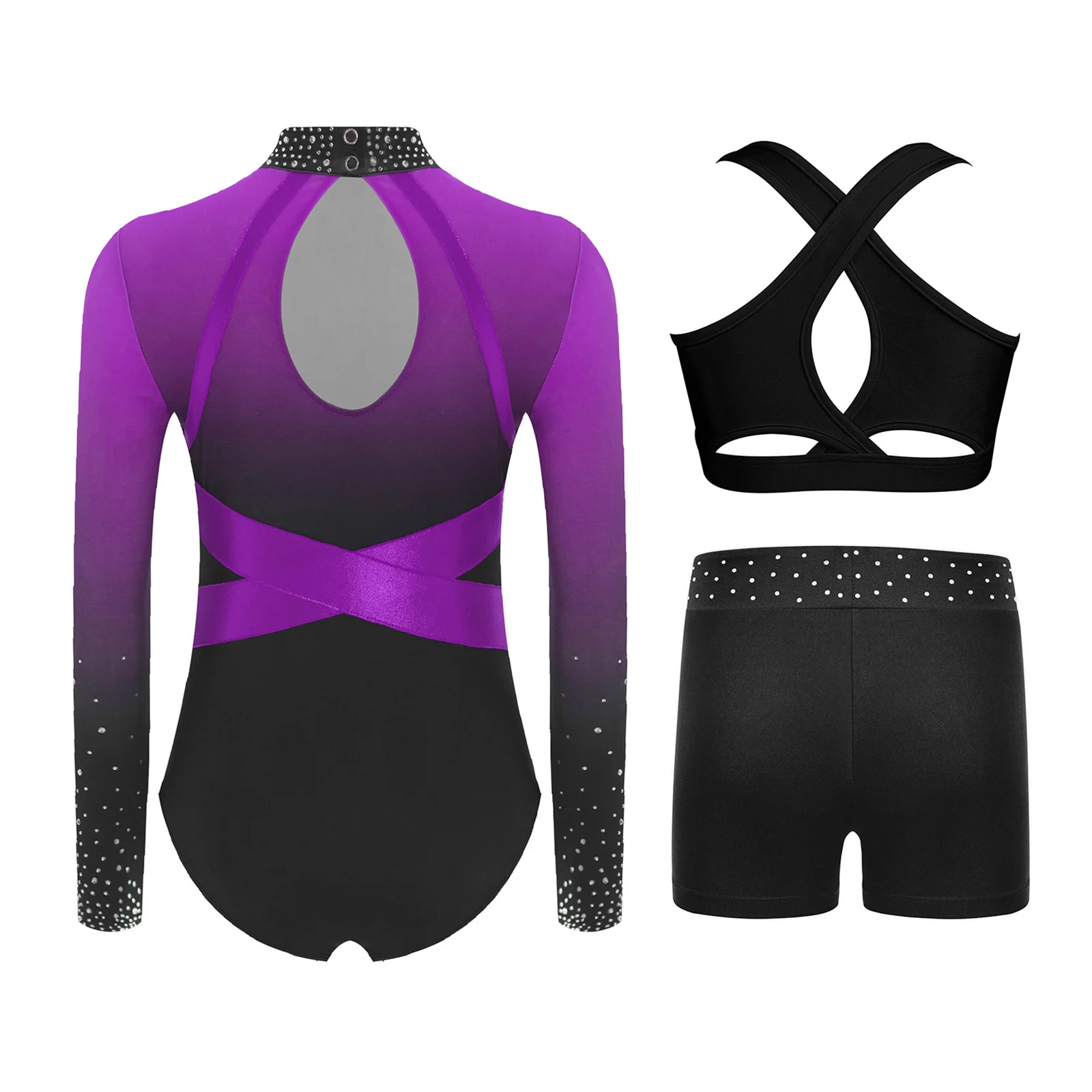 

Girl's Gymnastics Dance Outfit Long Sleeve Color Block Leotard+Shorts+Vest Set Shiny Rhinestone Stage Performance Dancewear Suit