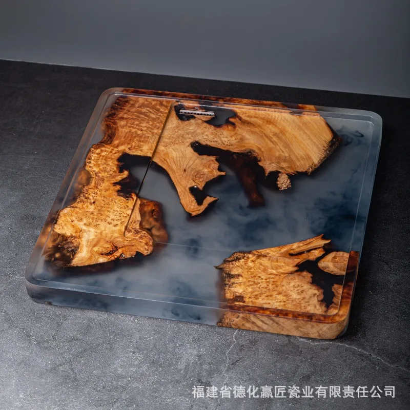 Large Epoxy Resin River Tea Tray with Cedar and Walnut Wood, Dry-Wet Dual Use Tea Board in Round or Square Shape