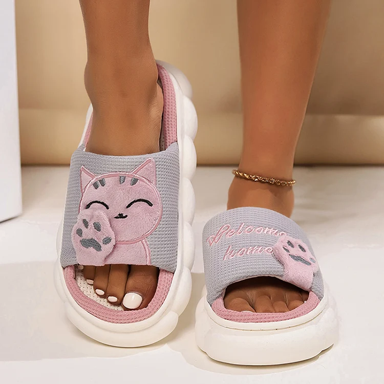Leinen Casual Hausschuhe Frauen Haus Plattform Niedlichen Cartoon Katze Designer Schuhe Mädchen Flache Mode Elegante Schuhe Indoor Große Größe – Detail 10