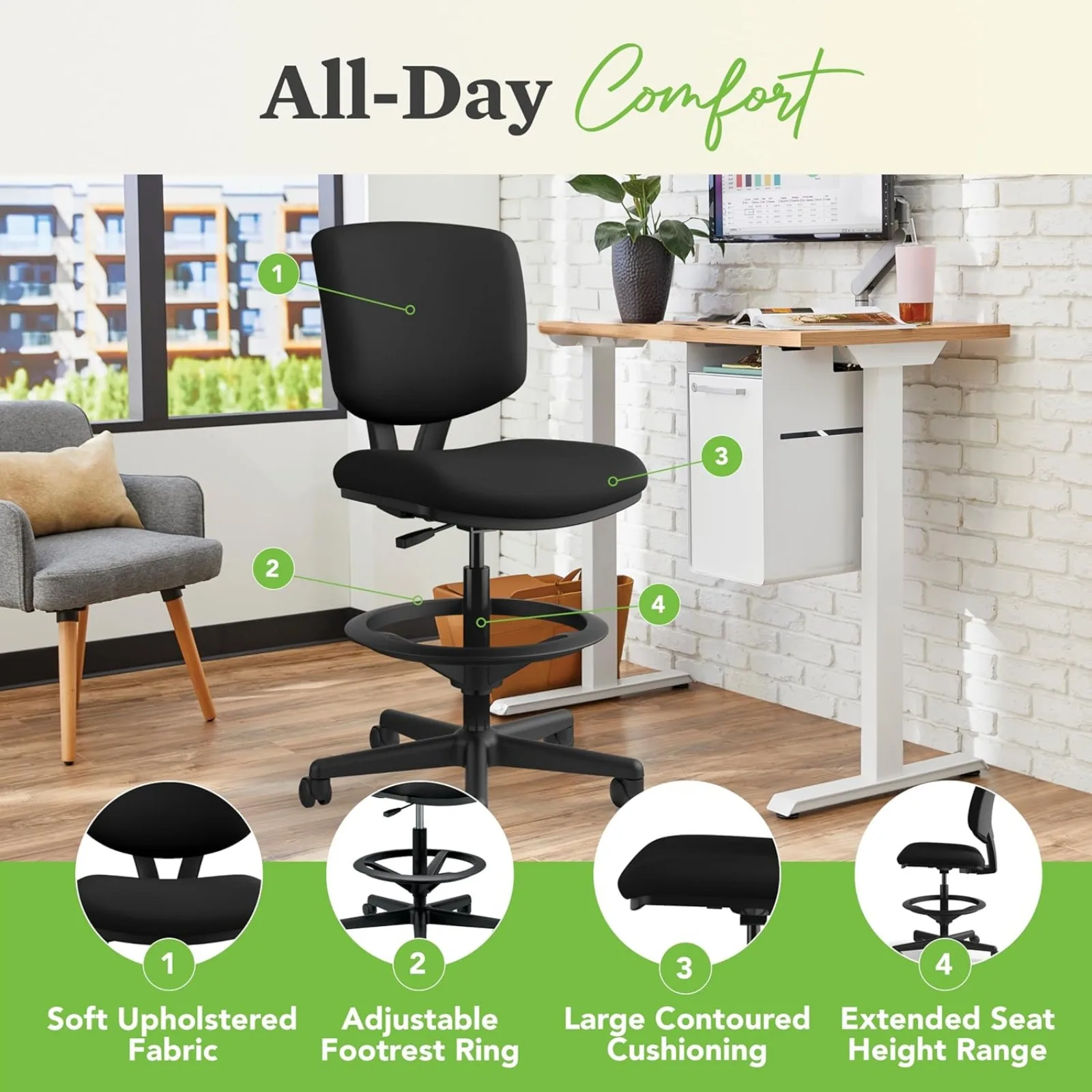 US Volt Standing Desk Stool Adjustable Tall Office Chair with Foot Rest, High Back Support - Armless Standing Desk