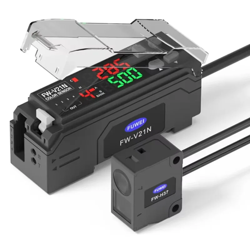 FW-V21P RGB Light Source Coaxial Probe Color Sensor with PNP/NPN Output Clip-on Mounting for Different Color Object Detection