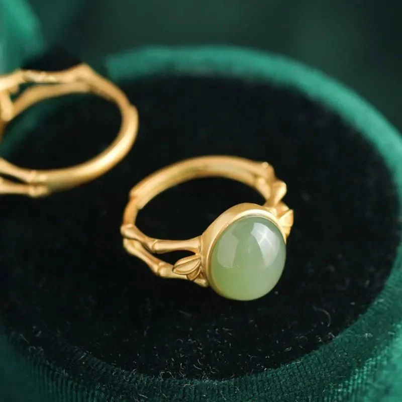 Trendy 925 Sterling Silver Ring Women Bamboo Finger Accessories Fashion Lady Jade Oval Ring Female Jewelry Adjustable image 4
