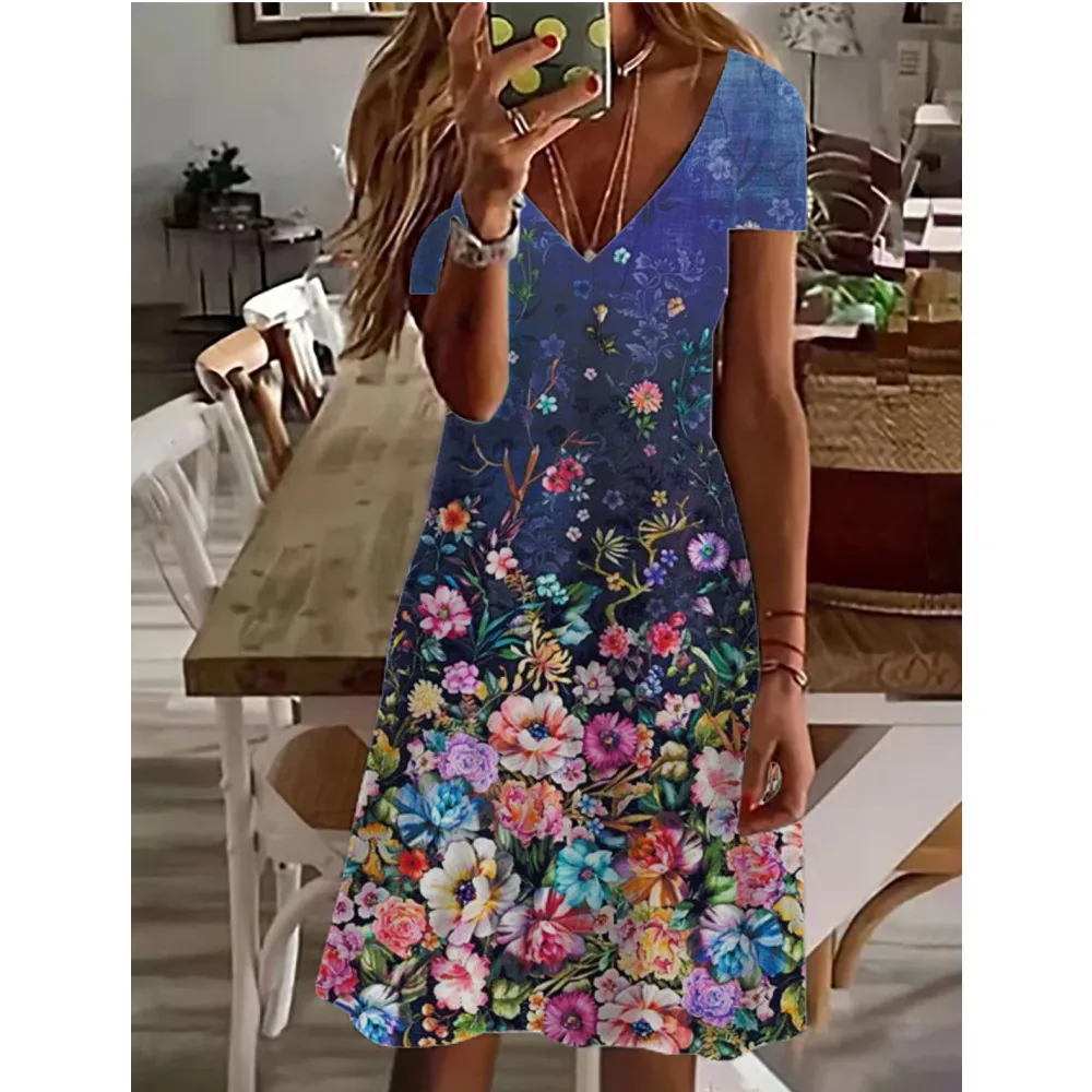 Women Casual Short Sleeve T-shirt Mini Dress Basic Colorful Floral Flower Butterfly Funny 3d  Print Vacation Dresses For Beach