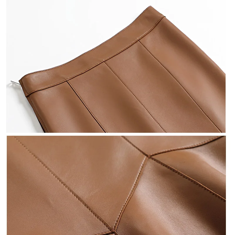 Jupe queue de poisson en peau d'agneau de qualité supérieure pour femmes, élégante, taille haute, jupe portefeuille en cuir véritable, 72cm de Long