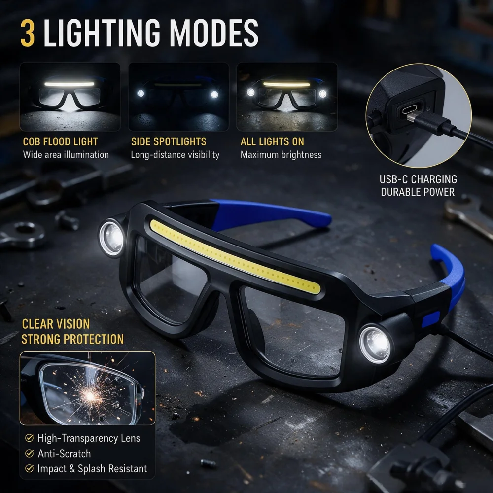 Rechargeable Safety Glasses COB Protective Eyewear with Headlamp Rechargeable Check Engine Light Multifunctional Goggles Light