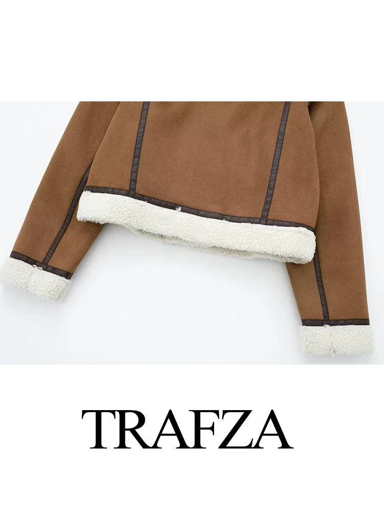 Trafza feminino inverno moda turn down collar pele de cordeiro tudo-em-um casaco bomber feminino bolso com zíper alta rua quente jaqueta curta