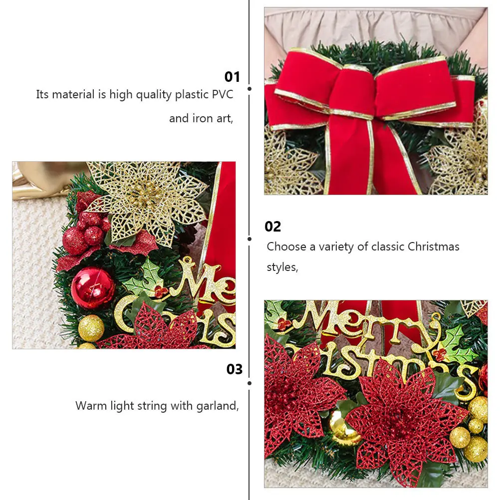 

1Set Christmas Wreath Classic Style Plastic PVC Iron Art Decorative Garland LED Light String for Door Hanging Wall Hanging