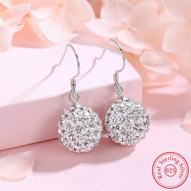 

Real 925 Sterling Silver Original Jewelry Shambhala Crystals Zircon Ball Drop Earrings For Women New Fashion XY0010