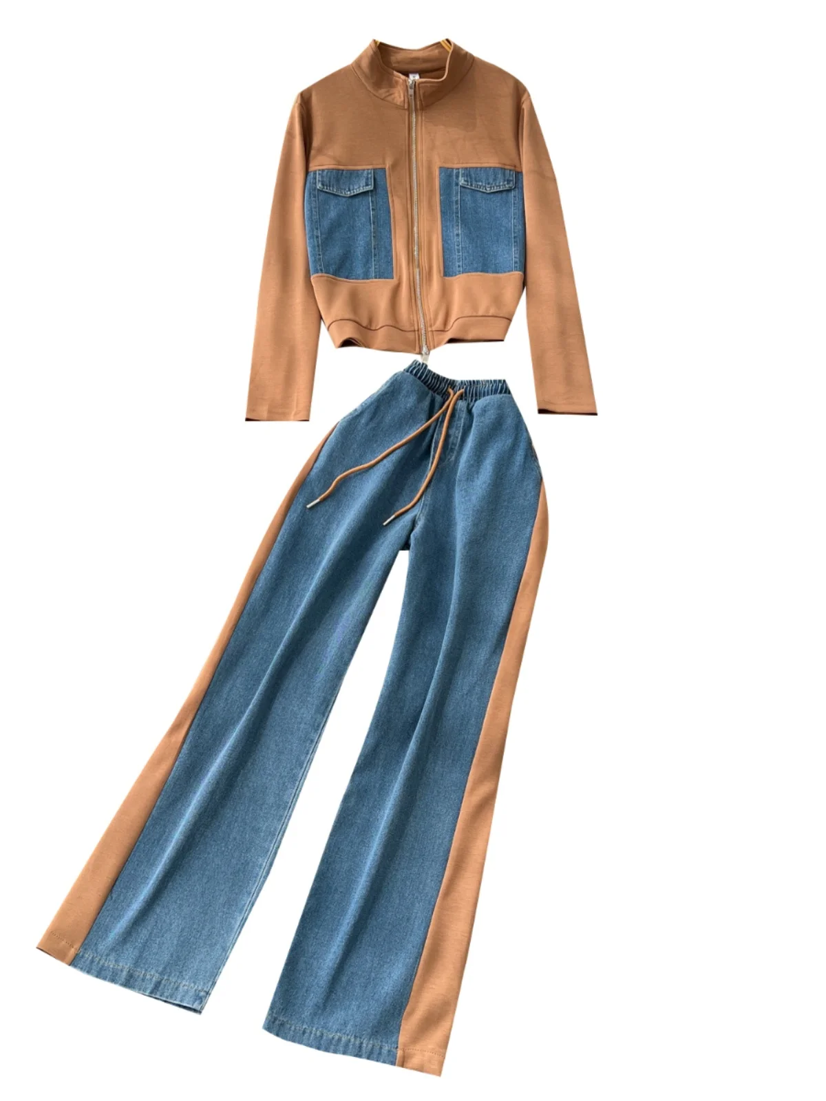 

Faionable Denim Sportswear Set for Women Autumn Casual Long Sve Stand Collar Zipper Top Jaet And Matching Long Pants