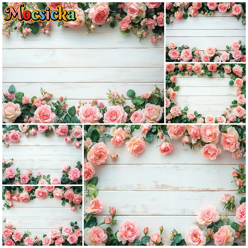 

Mocsicka White Wooden Board Backgrounds For Photographs Pink Flowers Floor Backdrop Decors Child Portrait Photo Studio Wallpaper