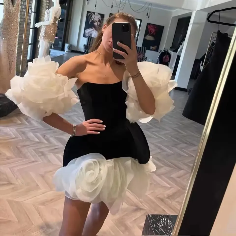 

Fabulous A Line Mini Layered Strapless Girls Prom Gown Pleated Velour Birthday Party Dress Sleeve Rose Floral Prom Dresses