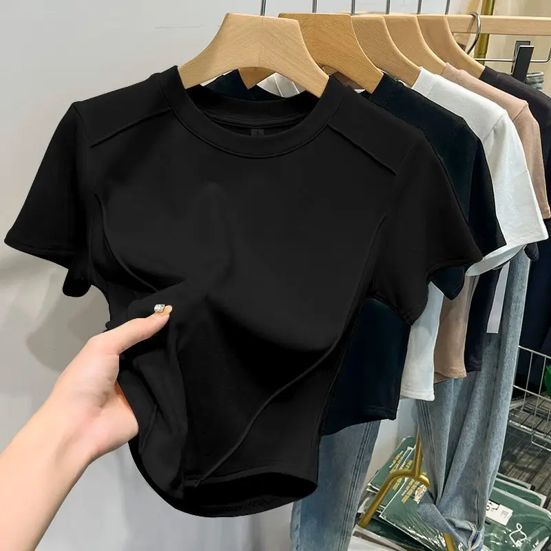 2026 Summer White T-shirt Cotton Female Short-sleeved Student Versatile Slim T-shirt Harajuku Crop Top Trend image 4