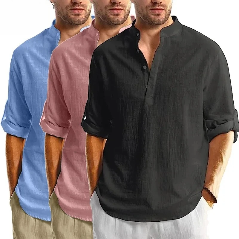 

New Long Sleeve Henley Shirt Men Cotton Lightweight T-Shirts Men Breathable Streetwear Solid Color Business Button Polo Shirts