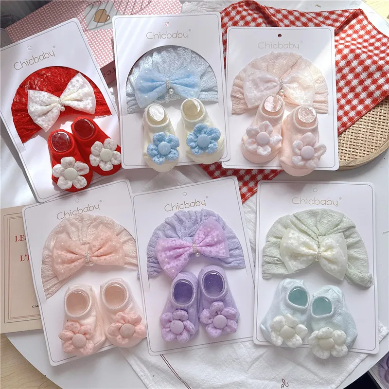 

Милые детские носки + шапка, комплект нескользящих носков, тюрбан с кружевным цветком для новорожденных, шапка