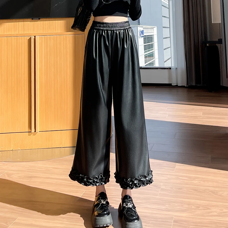 

Женские брюки из искусственной кожи с оборками по подолу, осень-зима 2022, повседневные брюки с высокой талией, свободные повседневные брюки из искусственной кожи, широкие брюки женские