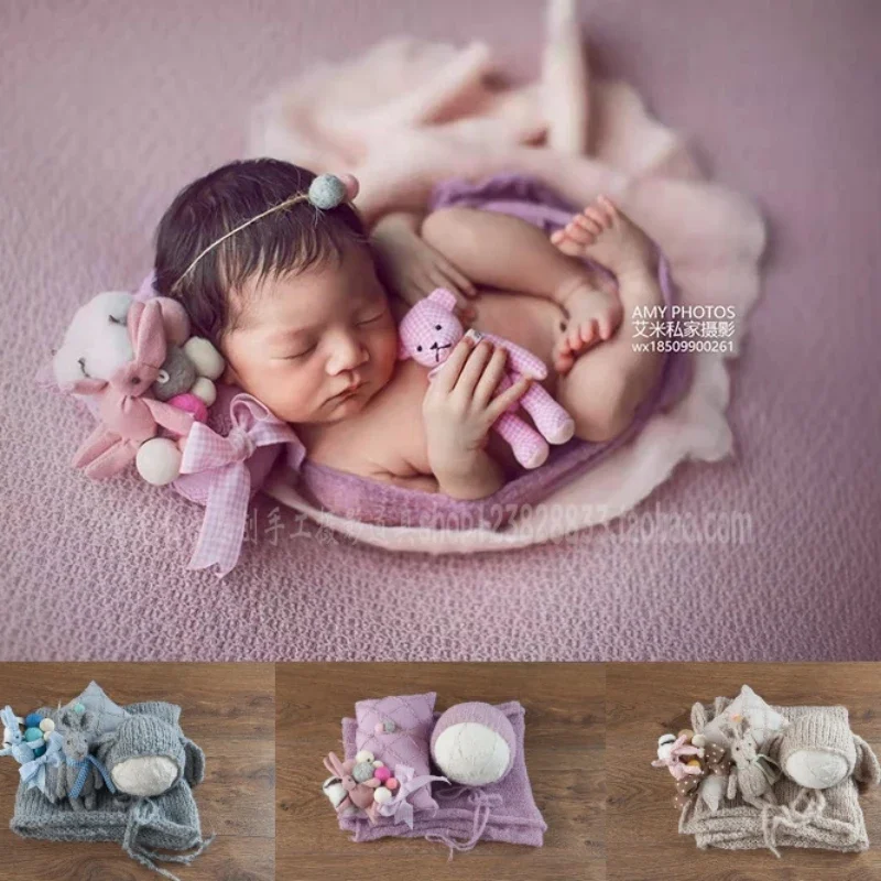 Newborn Baby Photography Props Cute Doll Posing Pillow Knitting Hat Wrap Set Outfits Studio Shooting Photo Props
