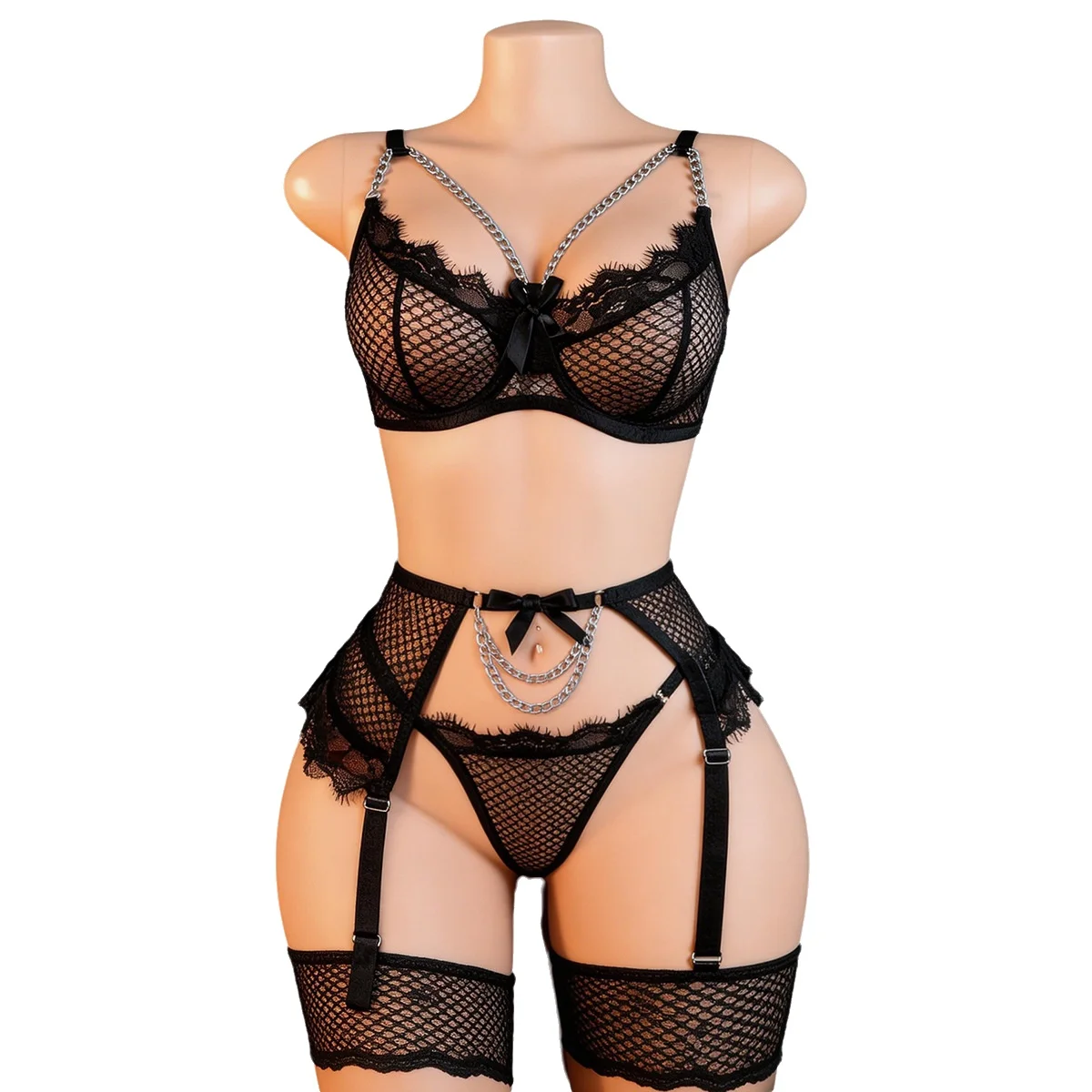 Sheer Mesh Bra - Sexy Dessous-Set, Netzstoff mit Spitze, Wimpernkette,