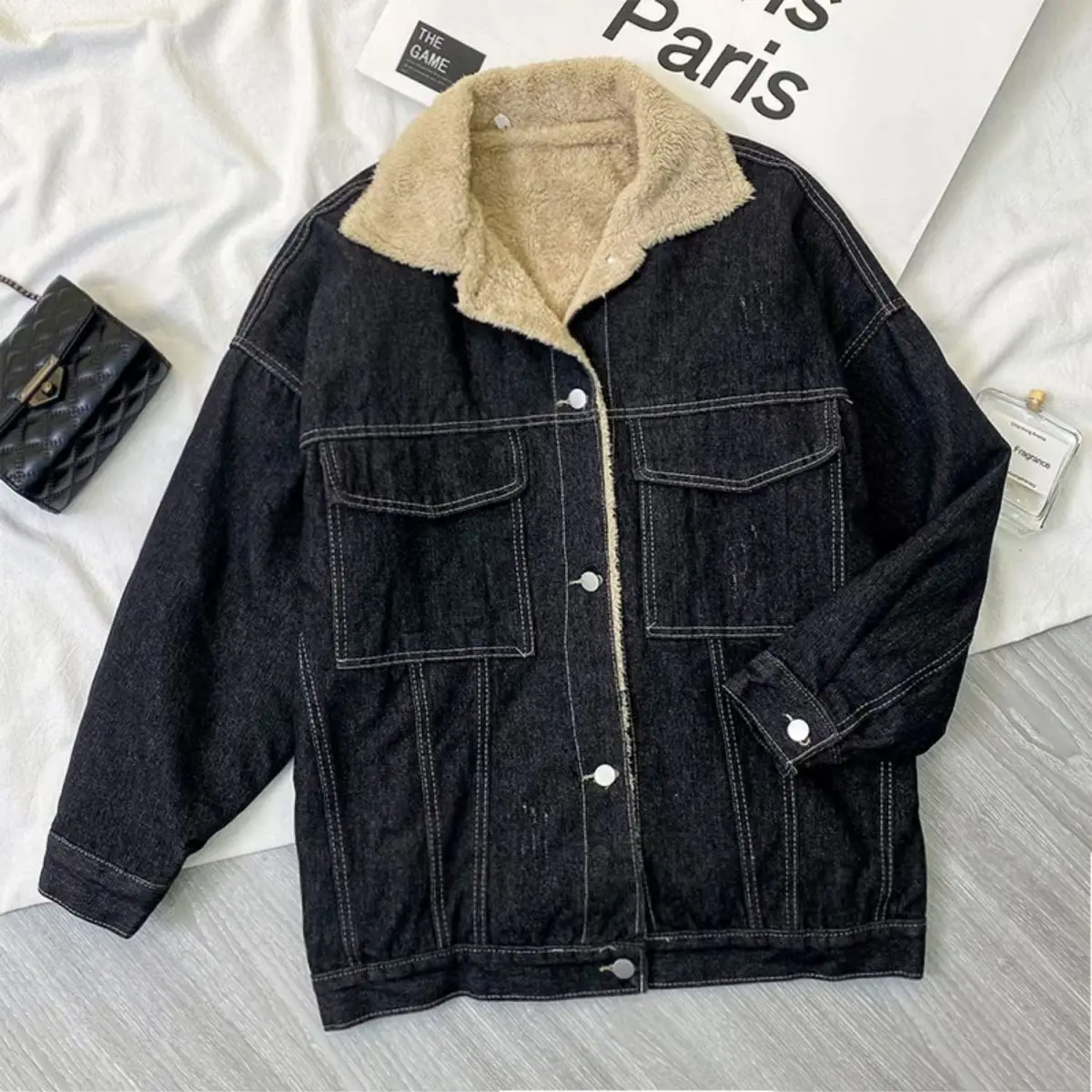 

Denim Coats Woman Oversize Fur Plush Womens Autumn Regular Fit French Chic Urban Travel Quilted Snap Button Sashes Drawstring OL
