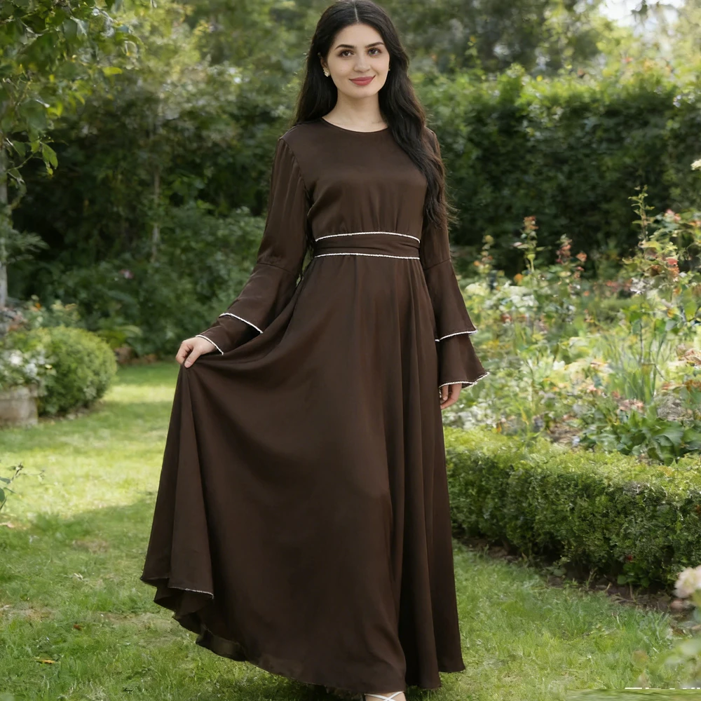 

Дубайская абайя: Элегантное праздничное платье для женщин, мусульманское люксовое платье с расклешенными рукавами и поясом, кафтан, марокканский женский халат, исламская джалабия, абайи