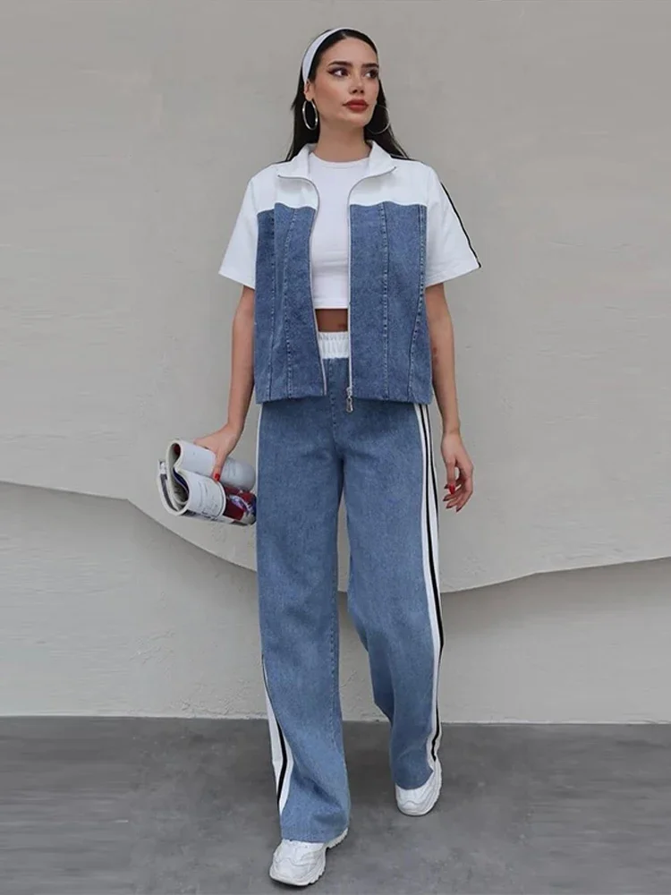 المرقعة شريط الدنيم المرأة رياضية الوقوف طوق نصف كم جاكيت زيبرا فضفاض الخصر جان الإناث 2 قطعة 2025 سيدة الزي