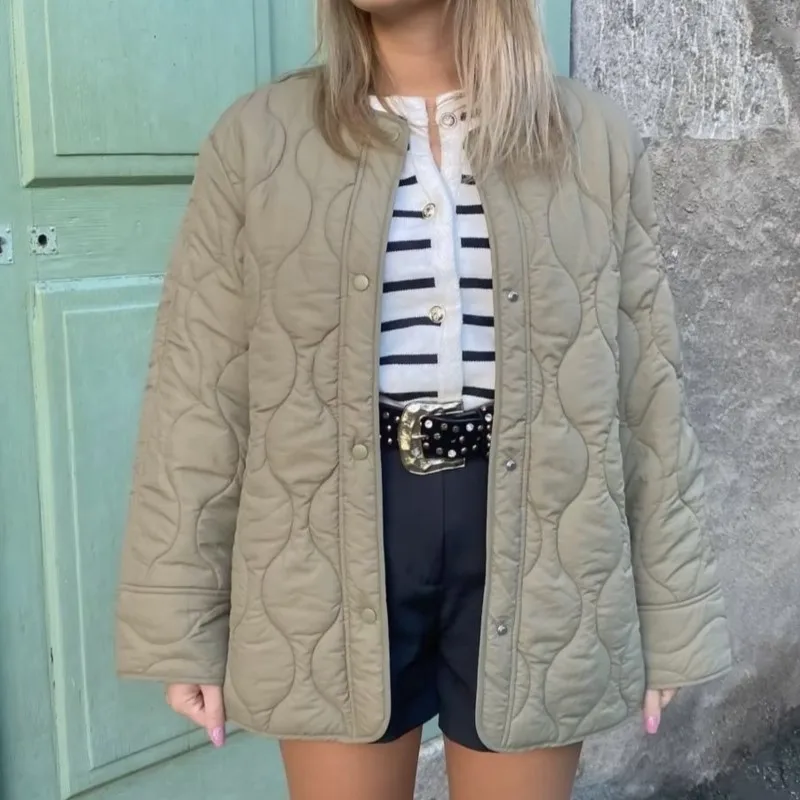 

2025 женская зимняя корейская ретро-стиль с круглым вырезом, свободная стеганая хлопковая стеганая куртка, утепленная теплая повседневная уличная одежда, пальто