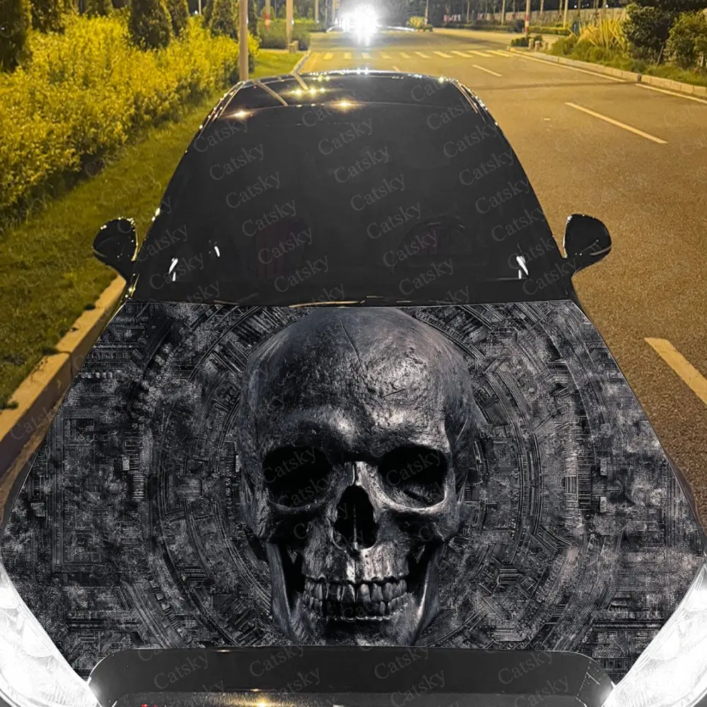 Car Decal Gray Skull with Vintage Circular Textural Artistic Fusion Design, Creating a Mysterious and Esoteric Visual Car Hood S