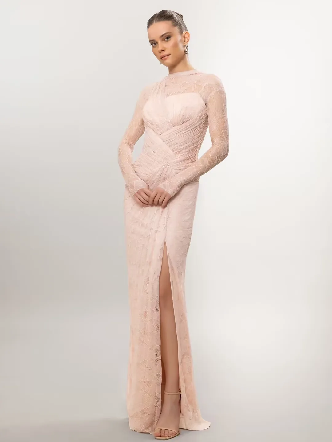 Verngo Brown Lace Evening Dress High Neck Full Sleeves Mermaid Prom Gowns Pleated Arabia Formal Occasio Dress Customized image 5