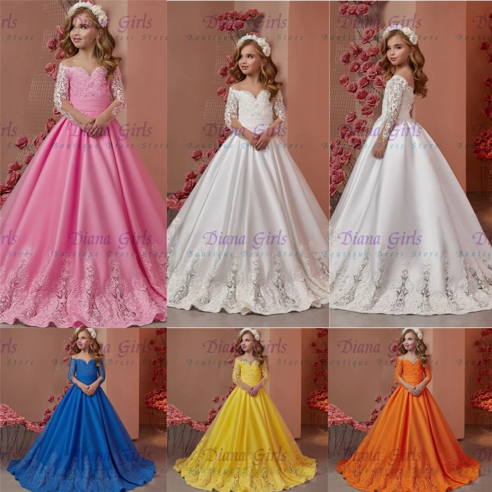 

Elegant White Flower Girl Dress Satin Fluffy Lace Appliques for Wedding Ball Dresses Floor Length Birthday Party Evening Gowns