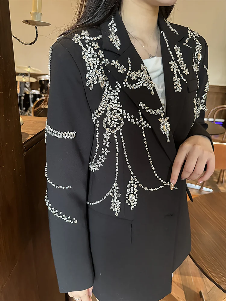 New Women Shiny Diamonds Beading Party Blazer Jacket Single Breasted Black Loose Fit Mid Long Suit Coat Crystal Banquet Outwear