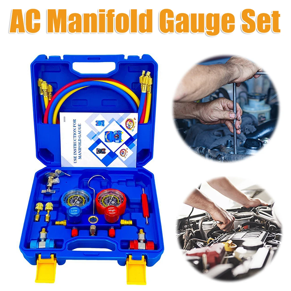 

3 Way AC Manifold Gauge Set with 1.2m Hoses Air Conditioning Manifold Gauge Set Automotive AC Gauge Set for Freon Charging