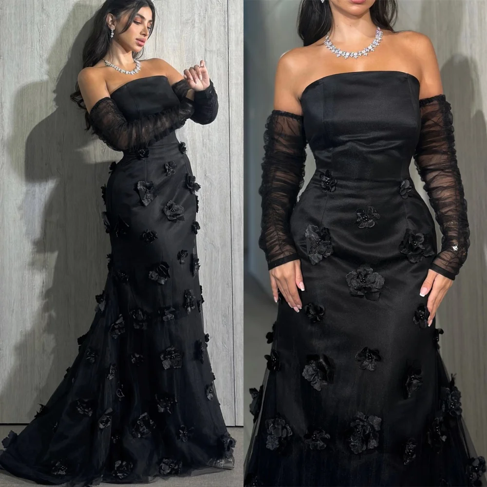 Personalizado requintado preto jérsei vestido de noite clássico sem alças manga destacável mangas compridas flores sob medida ocasiones