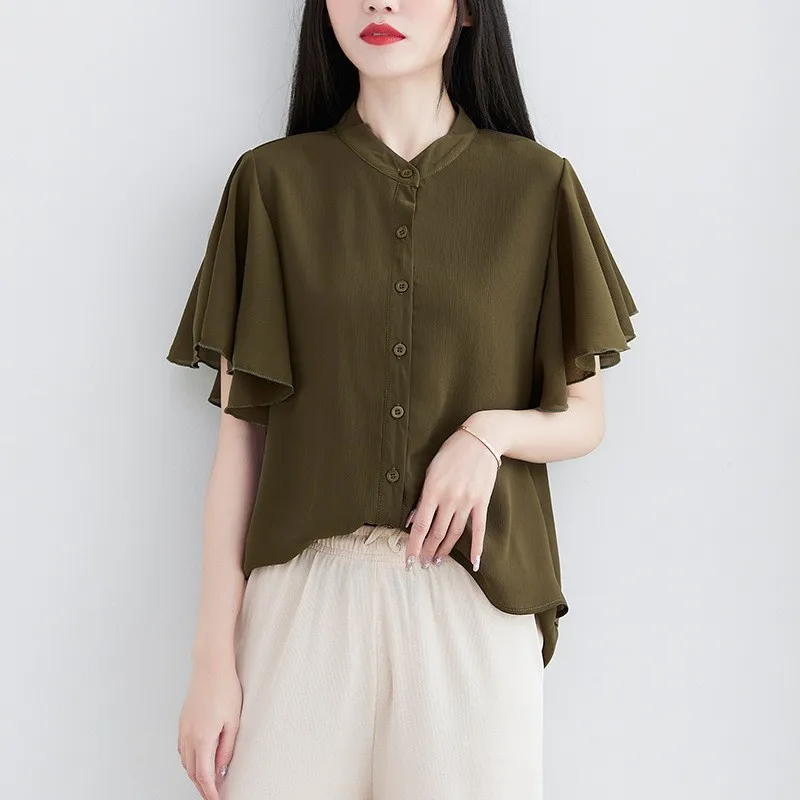 بلوزة نسائية صيفية جديدة فضفاضة بياقة عالية وأكمام قصيرة بلون واحد، متوفرة بـ 4 لونًا، مناسبة للعمل، مصنوعة من نسيج البوليستر