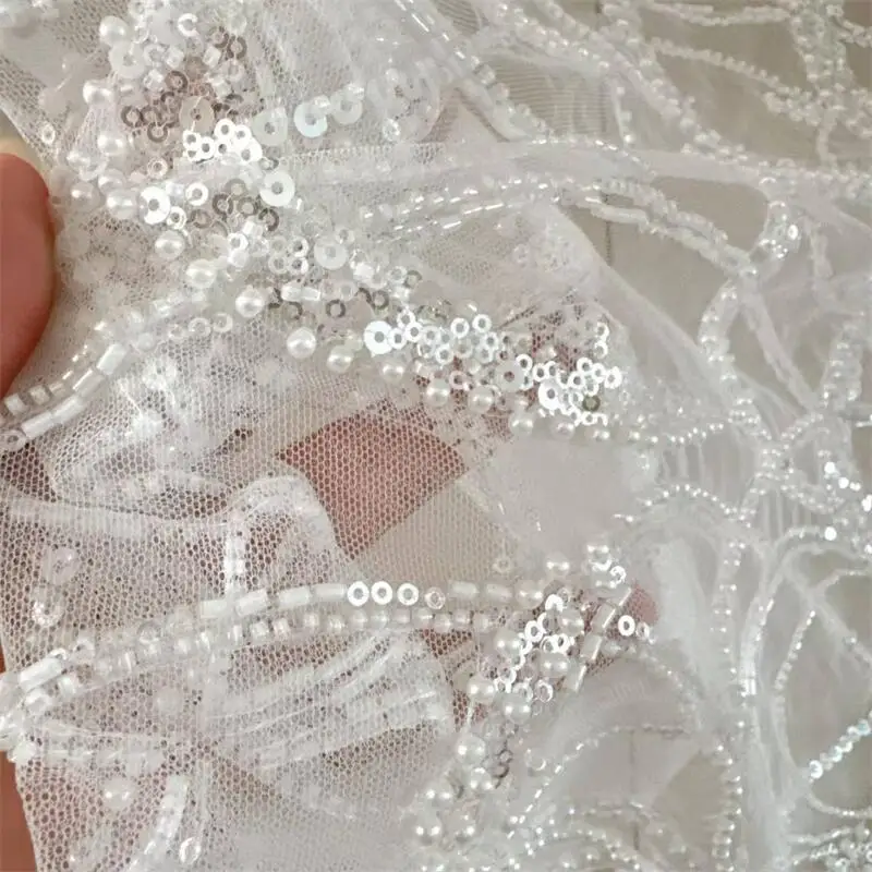 Perlen-Pailletten-Kronen-Gitter-Spitzenstoff, hochwertig, luxuriöses Abendkleid, französische Spitzenstoffe zum Nähen, Meterware – Detail 5
