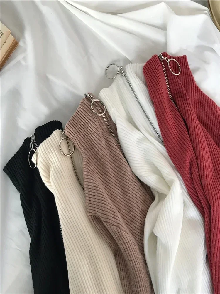 

2025 Korea Knitted Women Zipper High Neck Sweater Pullovers Autumn Winter Basic Women Turtleneck Sweaters Slim Fit Pull Femme